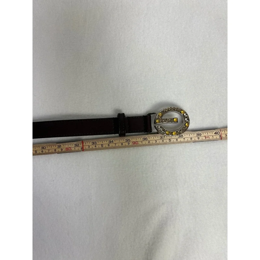 Y2K Glam Guess Womens Small Dark Brown Rhinestone G Logo Slim Belt Silver Buckle